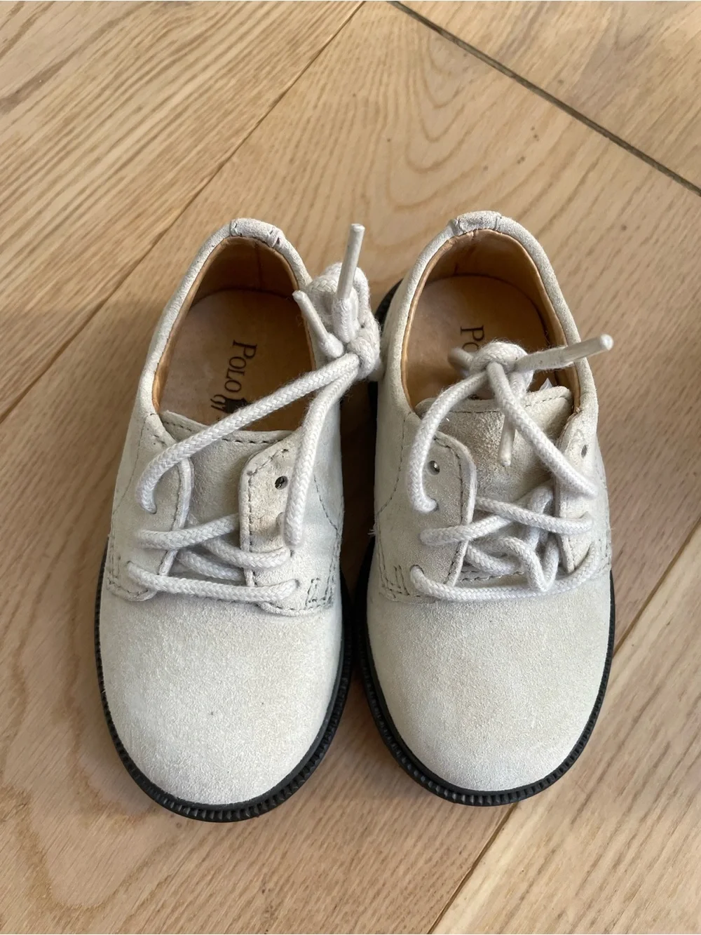 Polo by Ralph Lauren Kids Suede Lace-Up Oxfords in Off-White with Brown Trim